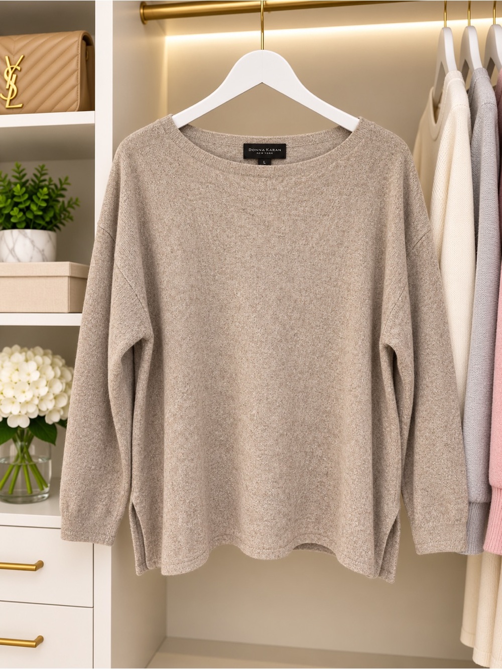 Donna Karan NY 100% Cashmere Relaxed Boxy Sweater Neutral Beige Oatmeal - Size L